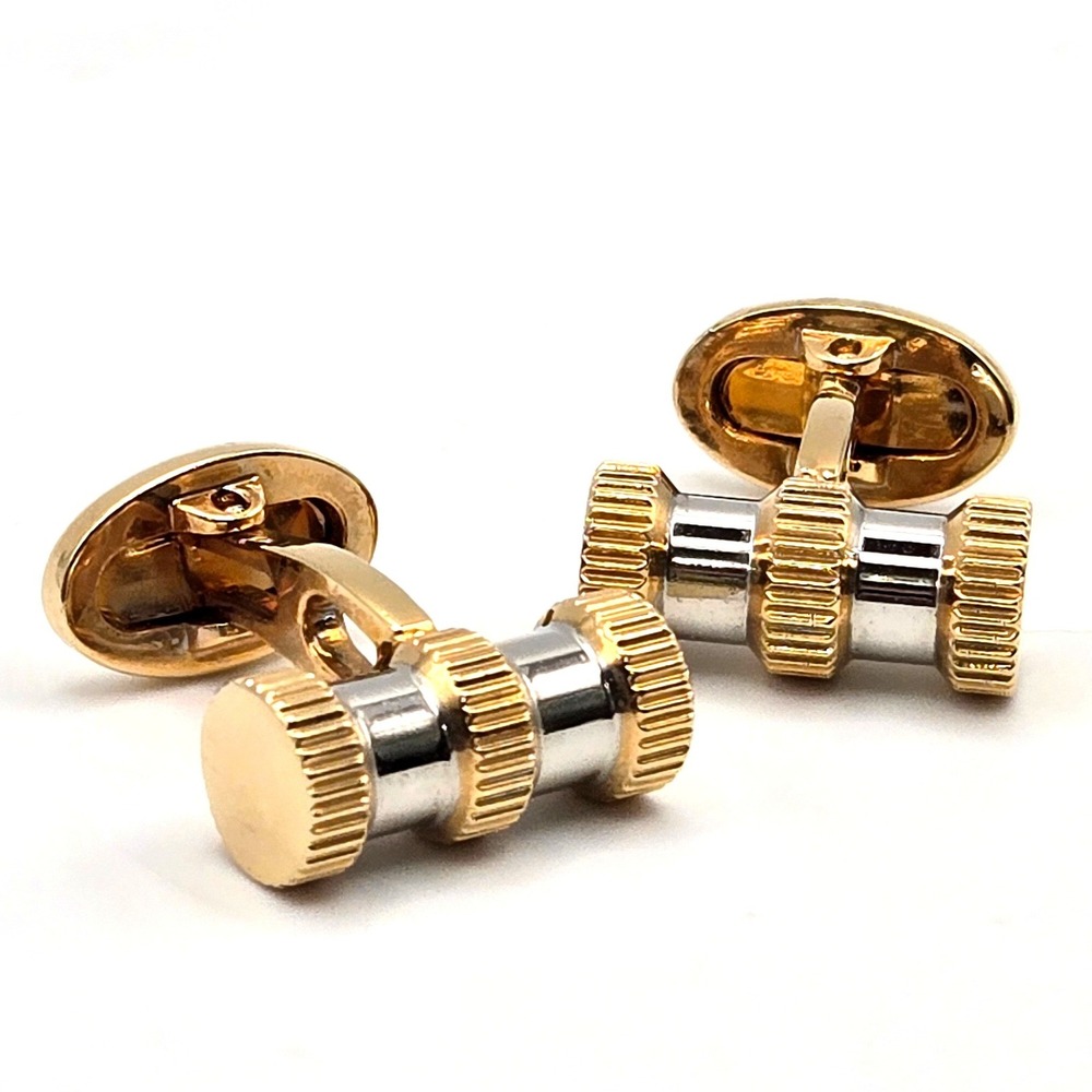 Two Tone Gold Silver Ribbed Barrel Swivel Back Cufflinks Mens Formal Accessory